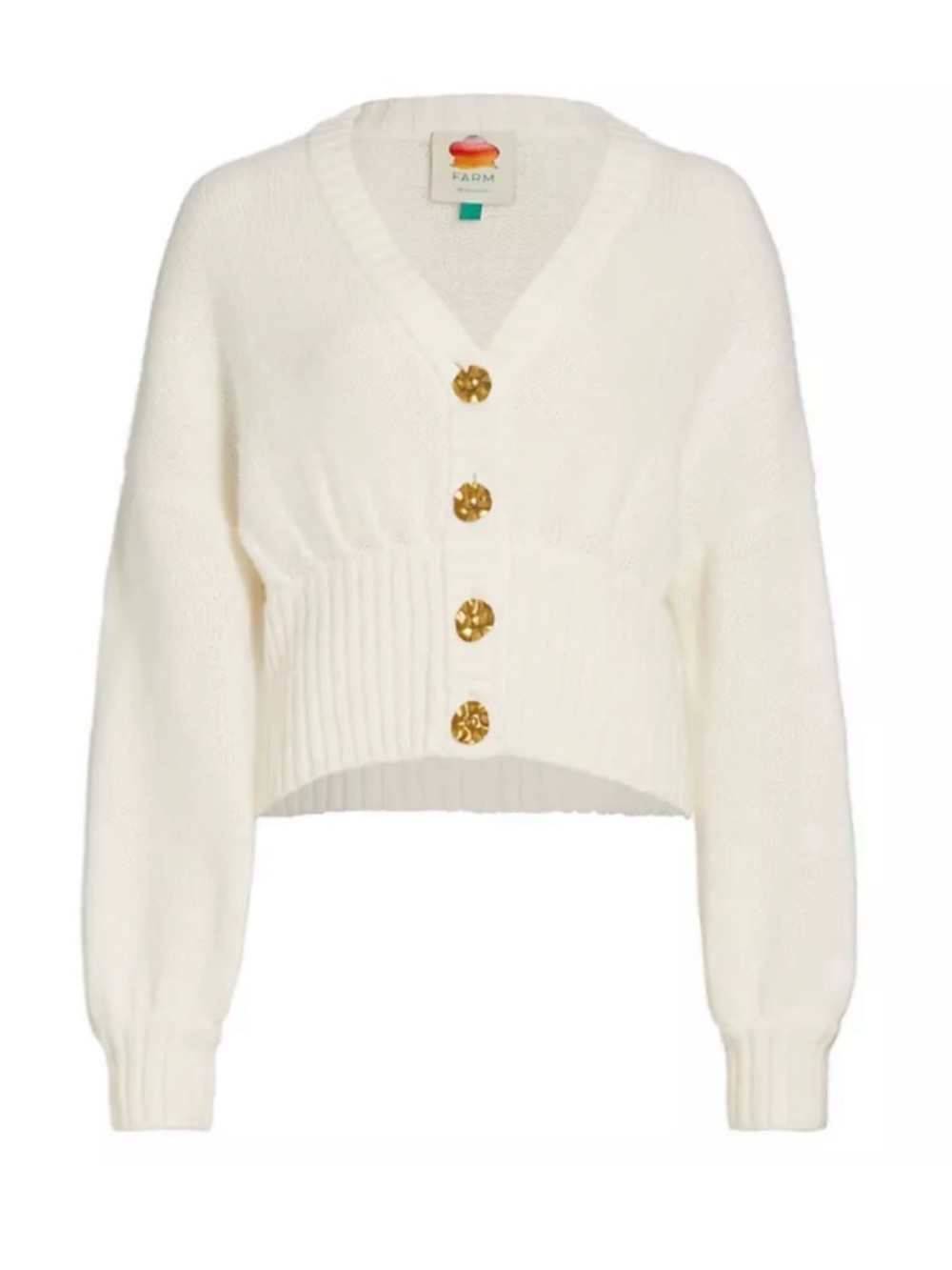FARM Rio Cream V-Neck Cropped Cardigan with Gold Buttons